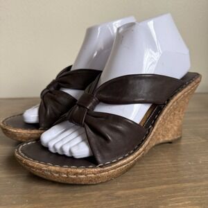 Bjorndal Womens 8M Brown Leather Carlton Slip On Wedge Sandals Cork Sole